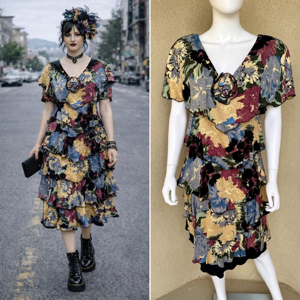 Holly Harp 70s 80s Floral Punk Painterly Ruffle Dress